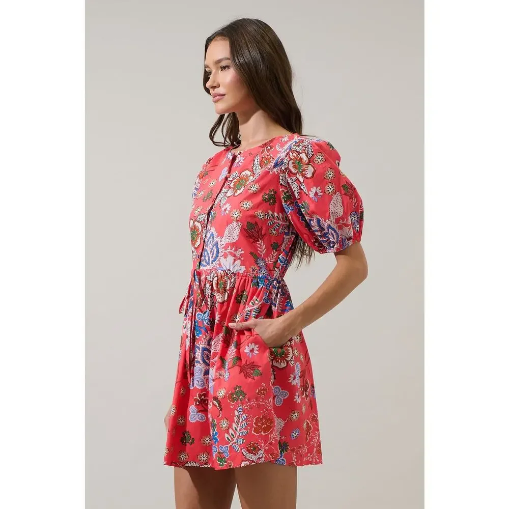 Sugarlips NWT Coral Floral Puff Sleeve Cotton Mini Dress Drawstring Waist Sz XL